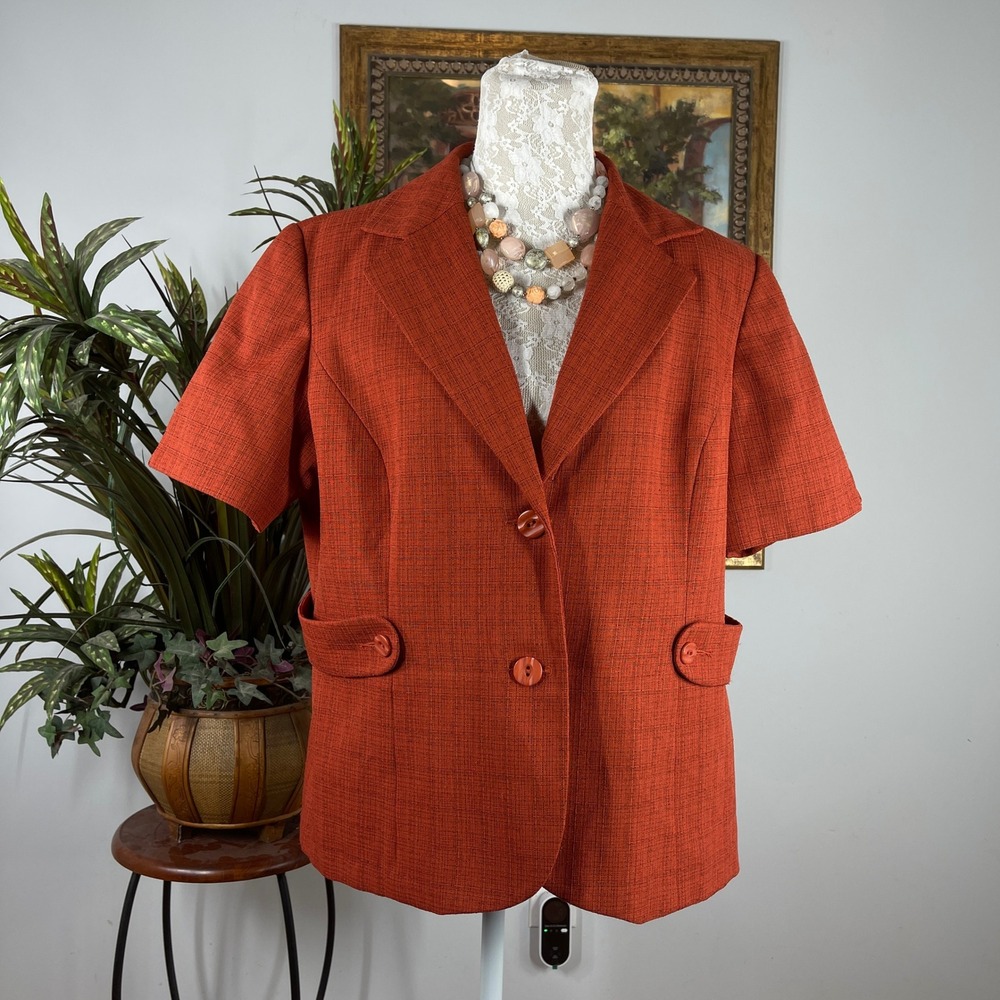 Blacker Stanley Blacker Blazer Womens 18 Orange Polyester Short Sleeve Textured